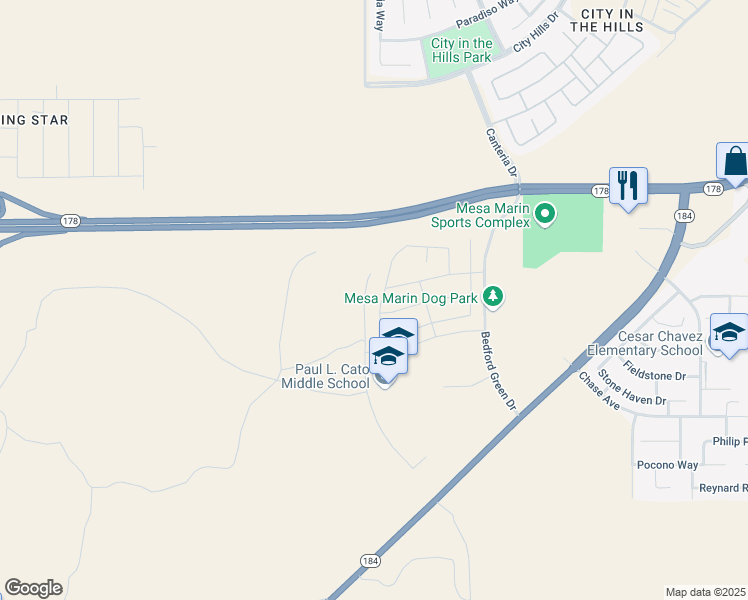 map of restaurants, bars, coffee shops, grocery stores, and more near 9801 Highland Knolls Drive in Bakersfield