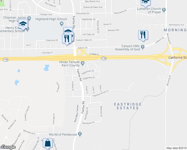map of restaurants, bars, coffee shops, grocery stores, and more near 6906 Edgeview Drive in Bakersfield