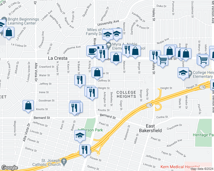 map of restaurants, bars, coffee shops, grocery stores, and more near 926 Height Street in Bakersfield