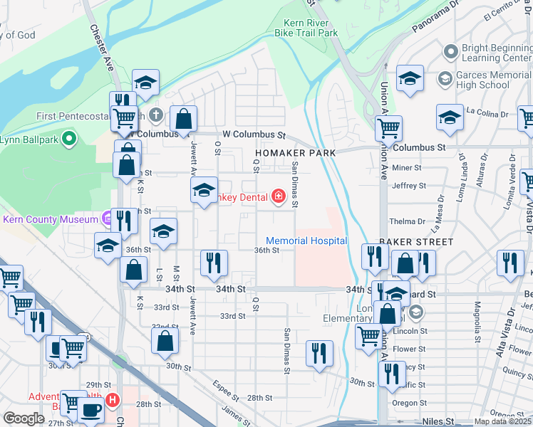 map of restaurants, bars, coffee shops, grocery stores, and more near 3700 38th Street in Bakersfield