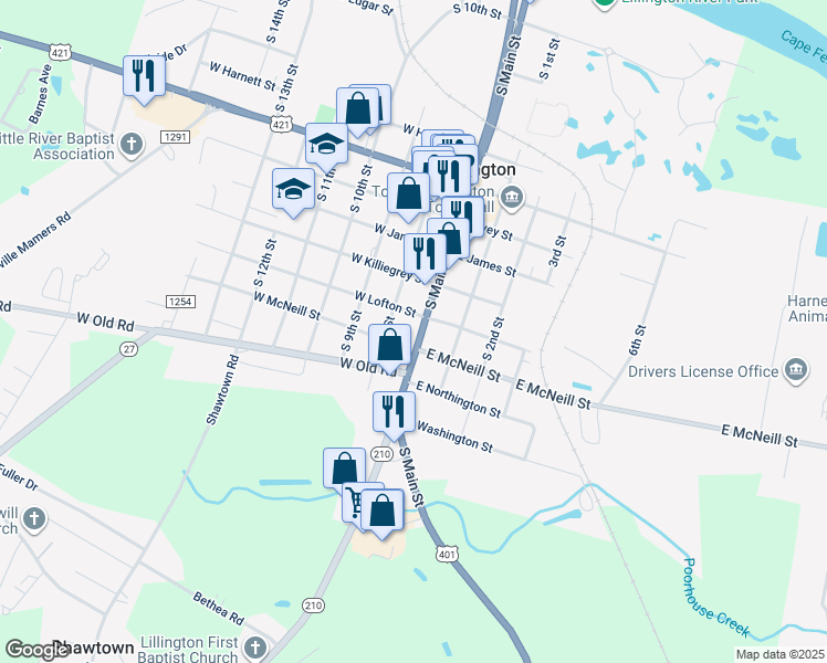 map of restaurants, bars, coffee shops, grocery stores, and more near 1206 South Main Street in Lillington