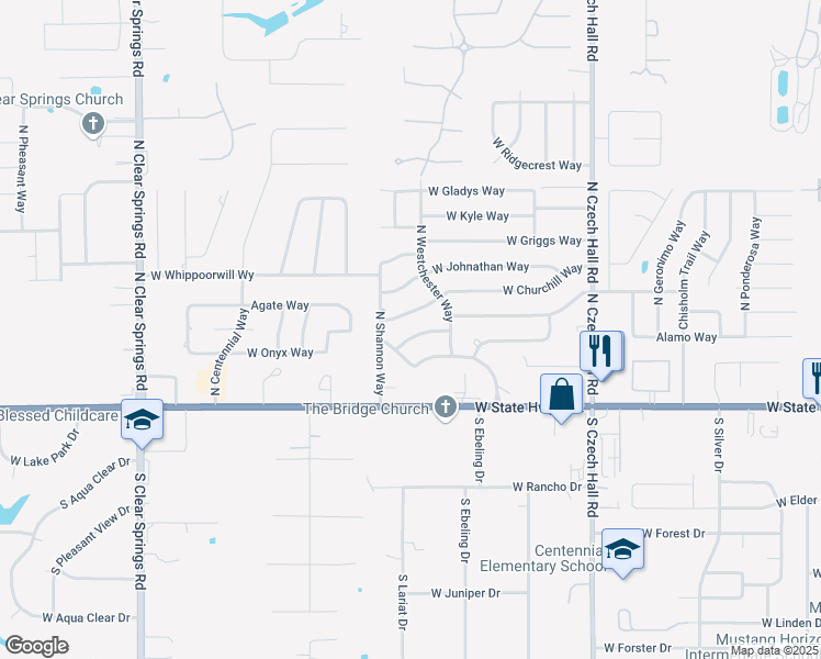 map of restaurants, bars, coffee shops, grocery stores, and more near 1224A West Huntington Way in Mustang