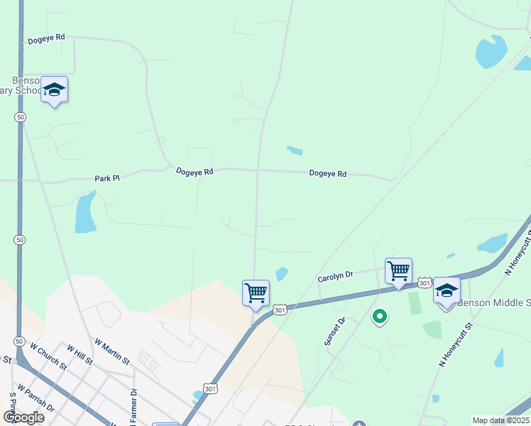 map of restaurants, bars, coffee shops, grocery stores, and more near 1784 North Carolina 242 in Benson
