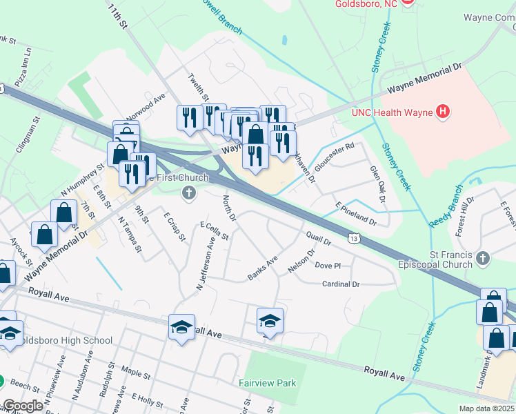 map of restaurants, bars, coffee shops, grocery stores, and more near 111 Quail Dr in Goldsboro