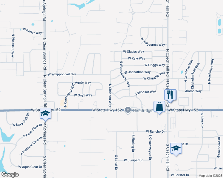 map of restaurants, bars, coffee shops, grocery stores, and more near 1240 West Churchill Way in Mustang