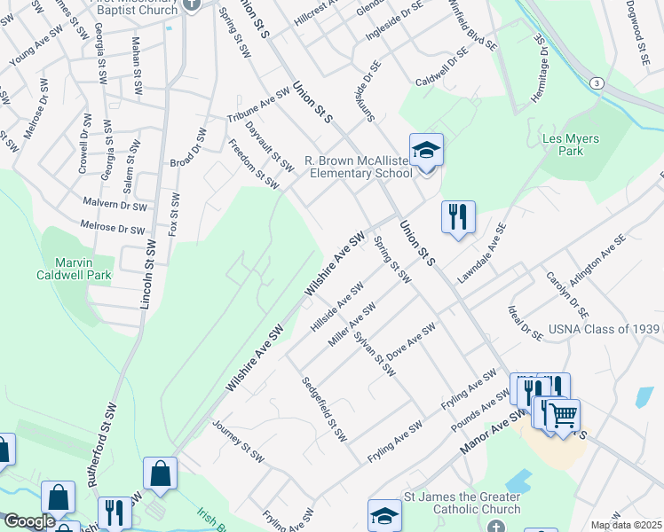map of restaurants, bars, coffee shops, grocery stores, and more near 107 Wilshire Avenue Southwest in Concord