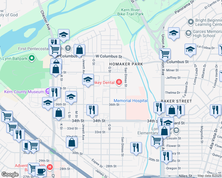 map of restaurants, bars, coffee shops, grocery stores, and more near 3700 38th Street in Bakersfield