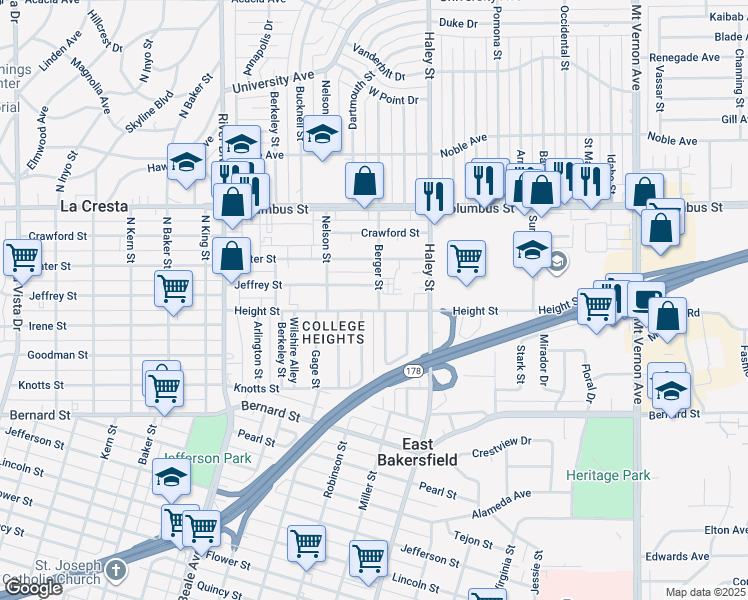 map of restaurants, bars, coffee shops, grocery stores, and more near 2512 Berger Street in Bakersfield