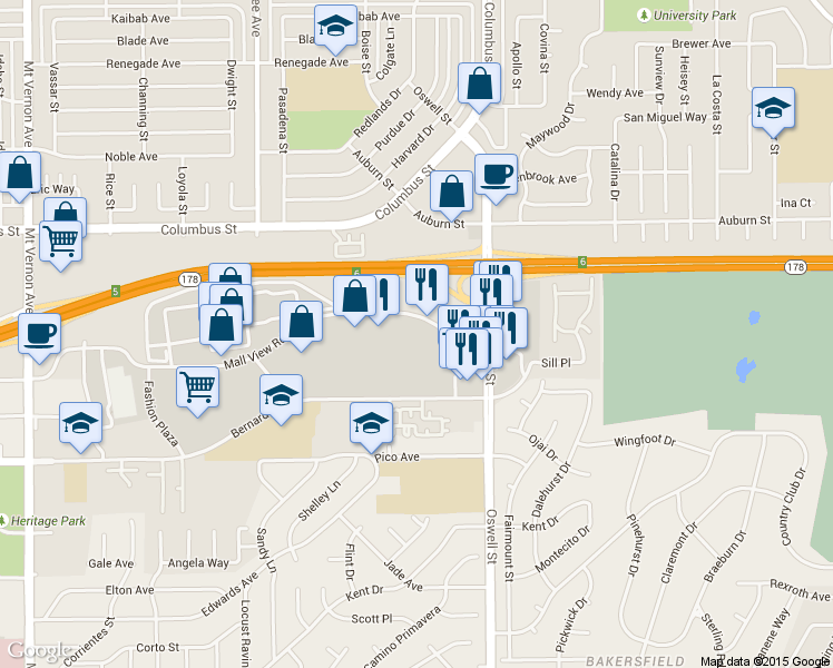 map of restaurants, bars, coffee shops, grocery stores, and more near 3301 Mall View Rd in Bakersfield
