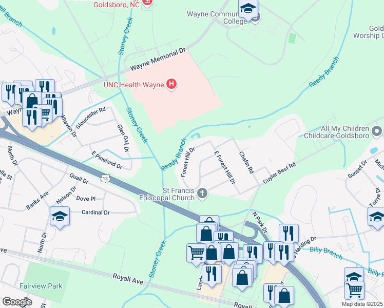 map of restaurants, bars, coffee shops, grocery stores, and more near 516 Forest Hill Drive in Goldsboro