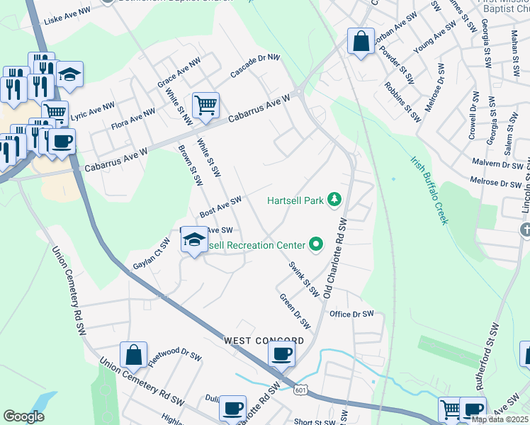map of restaurants, bars, coffee shops, grocery stores, and more near 98 Sunderland Road Southwest in Concord