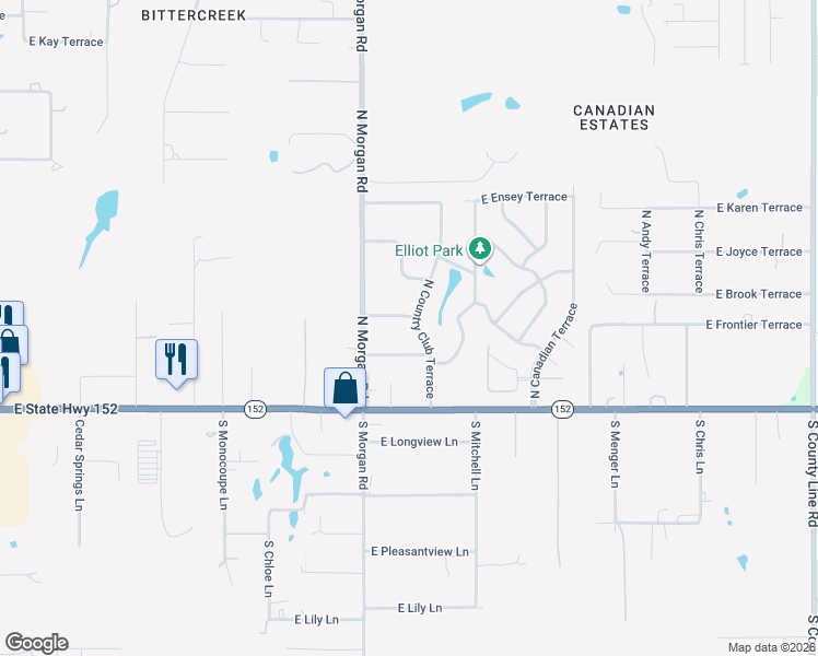 map of restaurants, bars, coffee shops, grocery stores, and more near 1737 East Cottonwood Terrace in Mustang