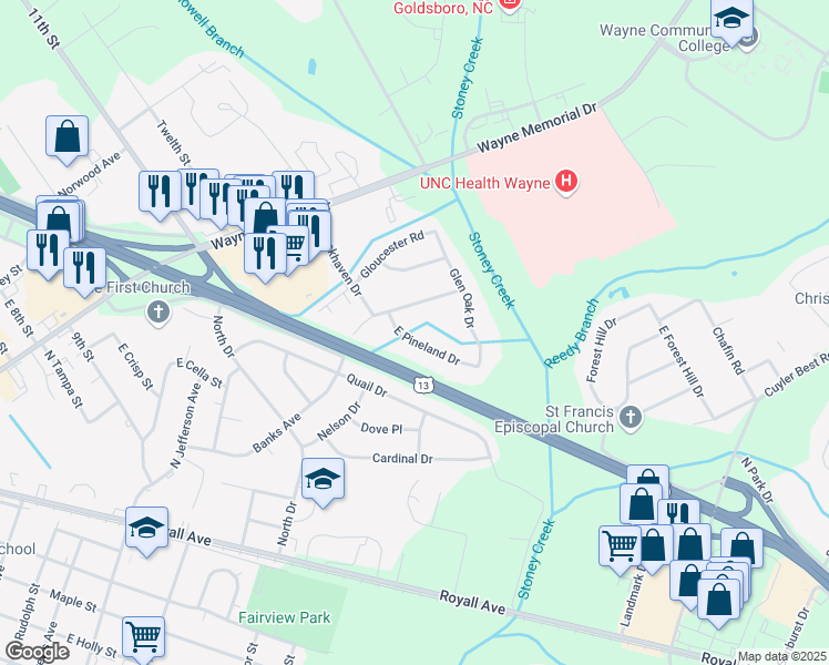map of restaurants, bars, coffee shops, grocery stores, and more near 303 East Pineland Drive in Goldsboro