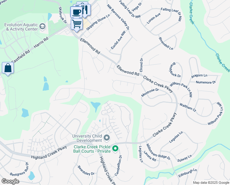map of restaurants, bars, coffee shops, grocery stores, and more near 10612 Haddington Drive in Charlotte
