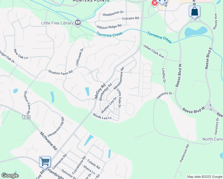 map of restaurants, bars, coffee shops, grocery stores, and more near 13111 Meadowmere Road in Huntersville