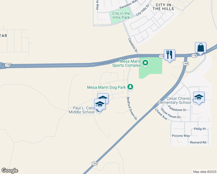 map of restaurants, bars, coffee shops, grocery stores, and more near Turning Leaf Lane in Bakersfield