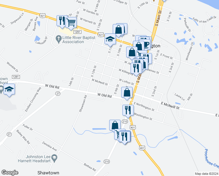 map of restaurants, bars, coffee shops, grocery stores, and more near 1305 South 10th Street in Lillington