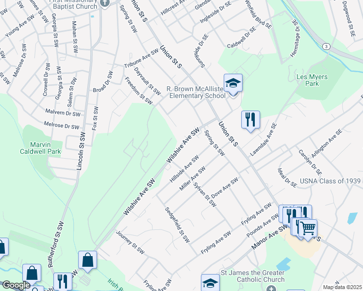 map of restaurants, bars, coffee shops, grocery stores, and more near 107 Wilshire Avenue Southwest in Concord