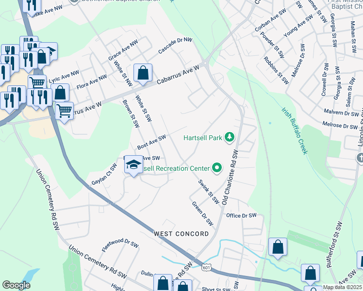 map of restaurants, bars, coffee shops, grocery stores, and more near 98 Sunderland Road Southwest in Concord