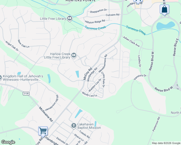 map of restaurants, bars, coffee shops, grocery stores, and more near 12728 Windyedge Road in Huntersville