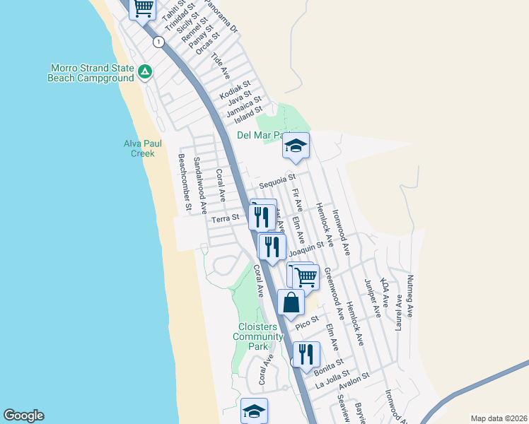map of restaurants, bars, coffee shops, grocery stores, and more near 2900 Alder Avenue in Morro Bay
