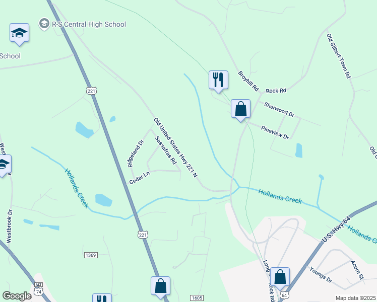 map of restaurants, bars, coffee shops, grocery stores, and more near U.S. 221 in Rutherfordton