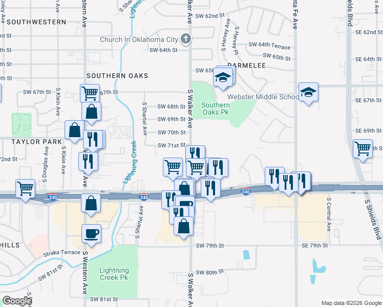 map of restaurants, bars, coffee shops, grocery stores, and more near 7376 South Walker Avenue in Oklahoma City