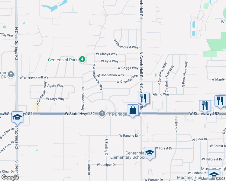 map of restaurants, bars, coffee shops, grocery stores, and more near 1053 West Windsor Way in Mustang