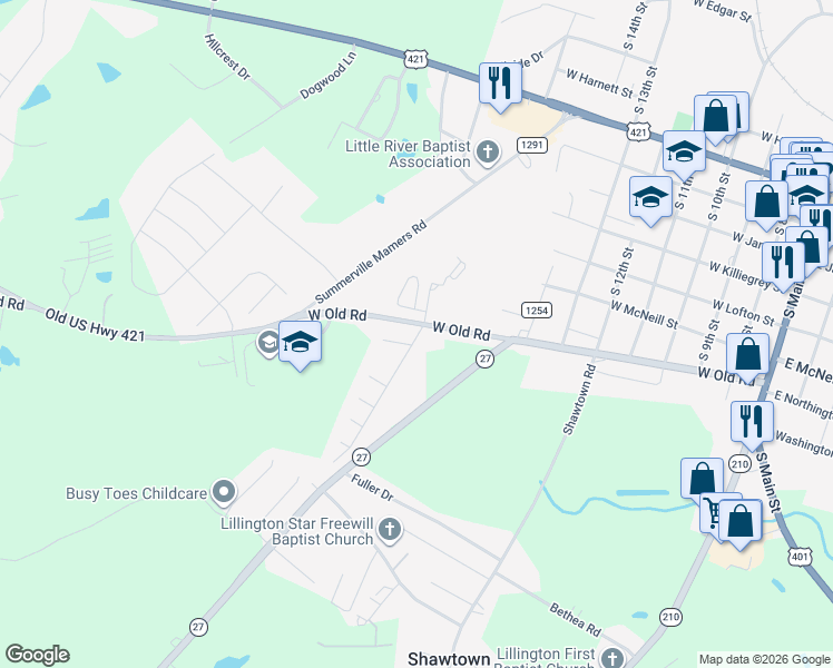 map of restaurants, bars, coffee shops, grocery stores, and more near 68 Emilies Crossing Way in Lillington