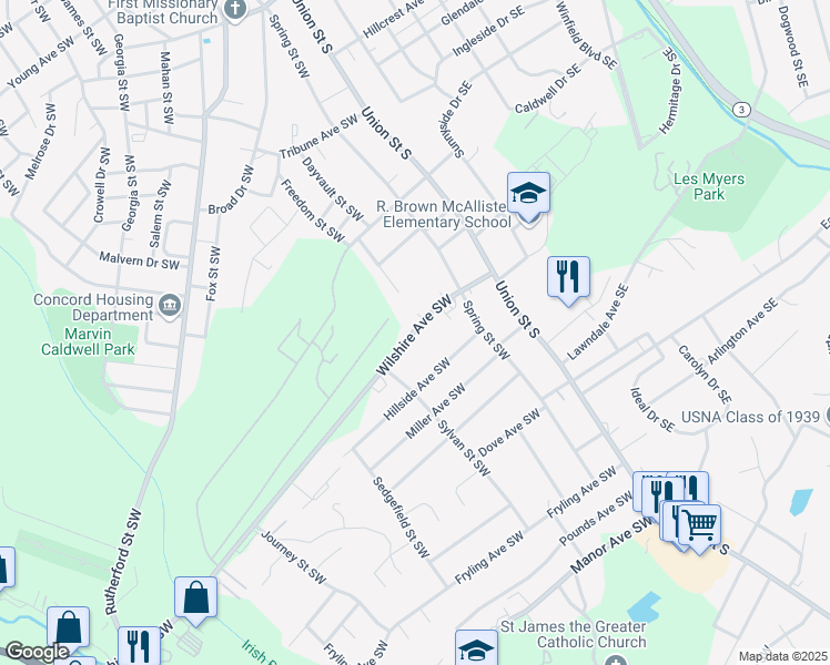 map of restaurants, bars, coffee shops, grocery stores, and more near 107 Wilshire Avenue Southwest in Concord