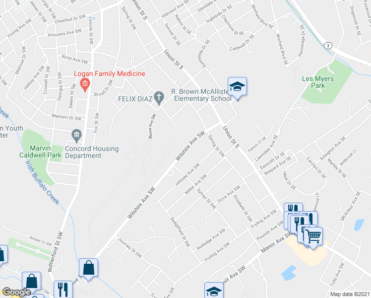 map of restaurants, bars, coffee shops, grocery stores, and more near 107 Wilshire Avenue Southwest in Concord