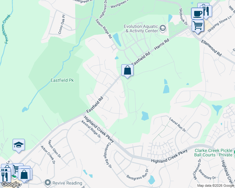 map of restaurants, bars, coffee shops, grocery stores, and more near 14200 Bernardy Lane in Charlotte