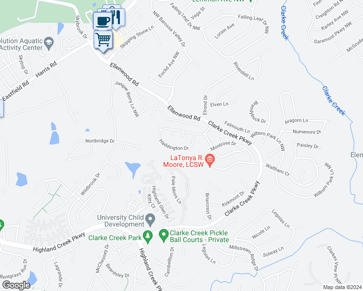 map of restaurants, bars, coffee shops, grocery stores, and more near 10709 Haddington Drive in Charlotte