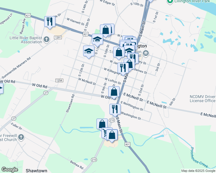 map of restaurants, bars, coffee shops, grocery stores, and more near 104 West McNeill Street in Lillington