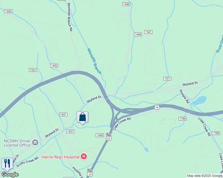 map of restaurants, bars, coffee shops, grocery stores, and more near 98 U.S. 23 in Sylva