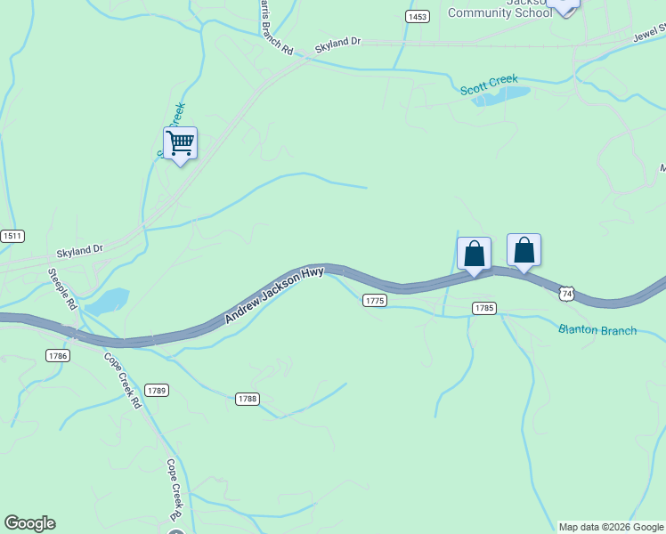 map of restaurants, bars, coffee shops, grocery stores, and more near Great Smoky Mountain Expy in Sylva