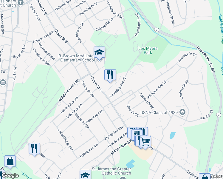 map of restaurants, bars, coffee shops, grocery stores, and more near 26 Patton Court Southeast in Concord