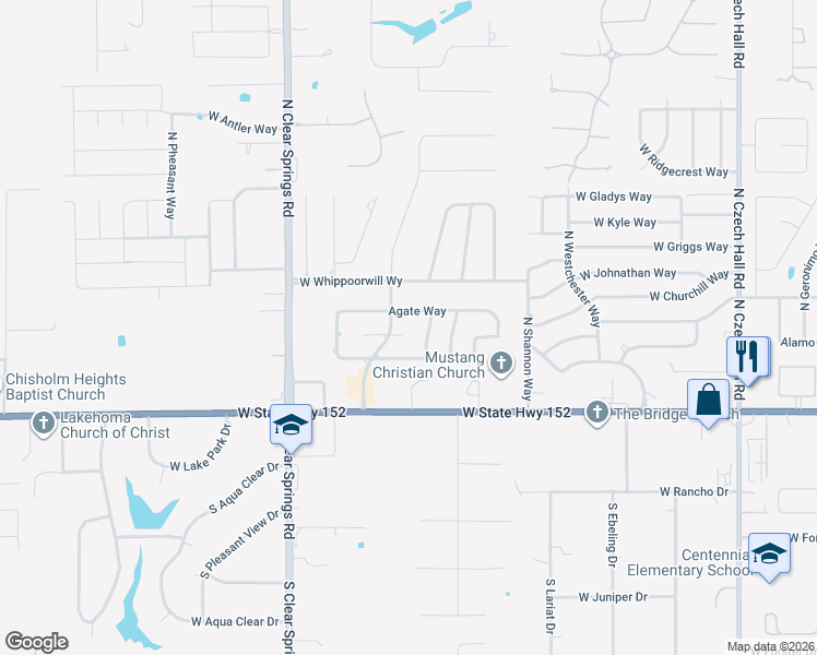 map of restaurants, bars, coffee shops, grocery stores, and more near 1443 West Diamond Way in Mustang
