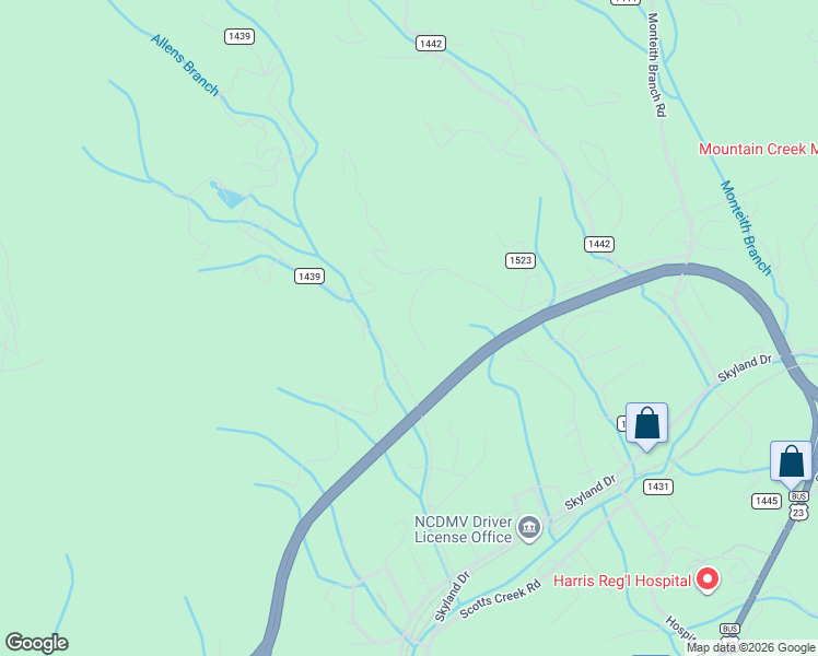 map of restaurants, bars, coffee shops, grocery stores, and more near 756 Frosty Ridge Road in Sylva