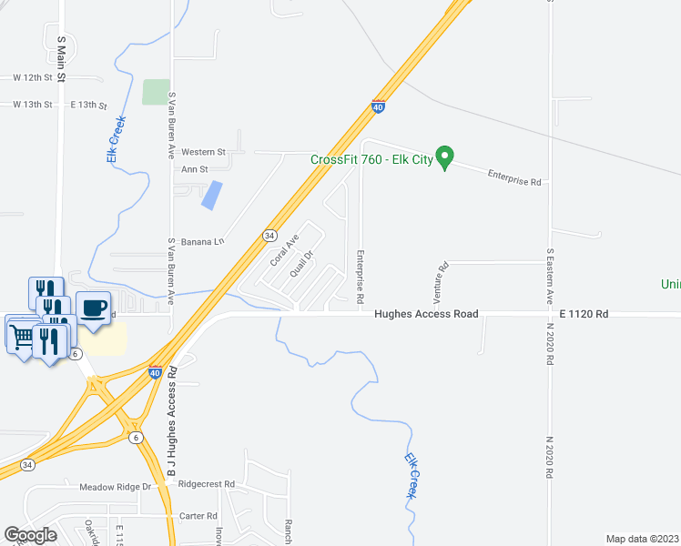 map of restaurants, bars, coffee shops, grocery stores, and more near 210 Swales Boulevard in Elk City
