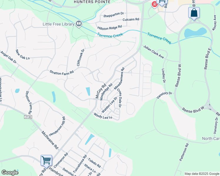map of restaurants, bars, coffee shops, grocery stores, and more near 13046 Meadowmere Road in Huntersville