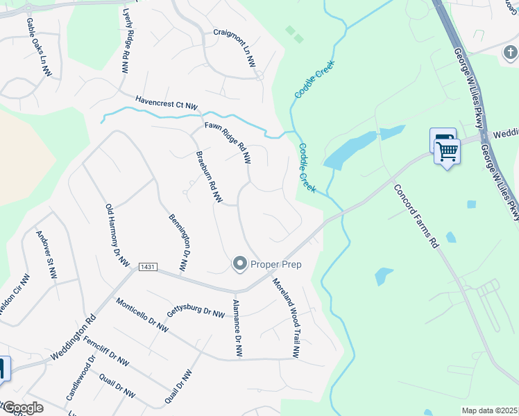 map of restaurants, bars, coffee shops, grocery stores, and more near 1500 New Gate Court Northwest in Concord