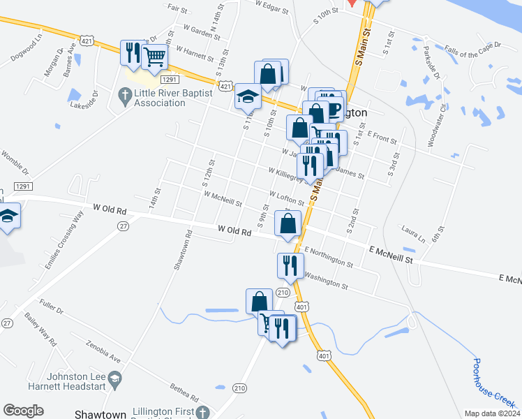 map of restaurants, bars, coffee shops, grocery stores, and more near 104 West McNeill Street in Lillington