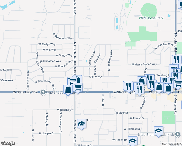 map of restaurants, bars, coffee shops, grocery stores, and more near 312 North Geronimo Way in Mustang