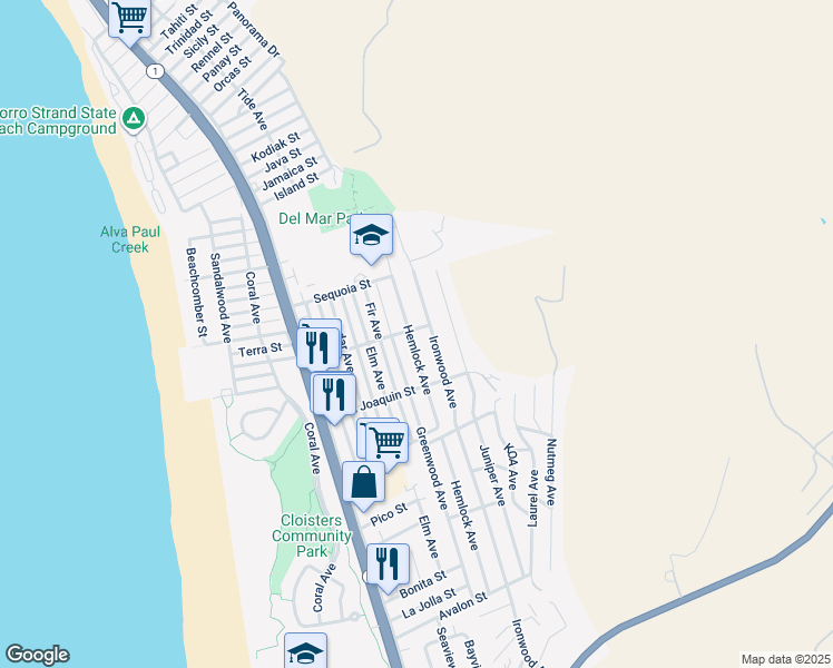 map of restaurants, bars, coffee shops, grocery stores, and more near 2881 Hemlock Avenue in Morro Bay