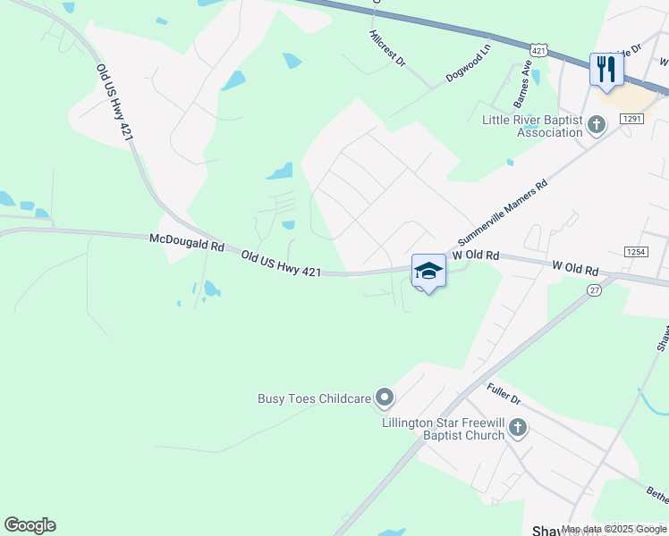 map of restaurants, bars, coffee shops, grocery stores, and more near US Highway 421 in Lillington