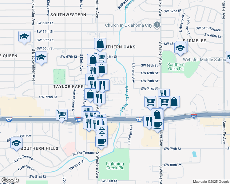 map of restaurants, bars, coffee shops, grocery stores, and more near 745 Southwest 72nd Street in Oklahoma City