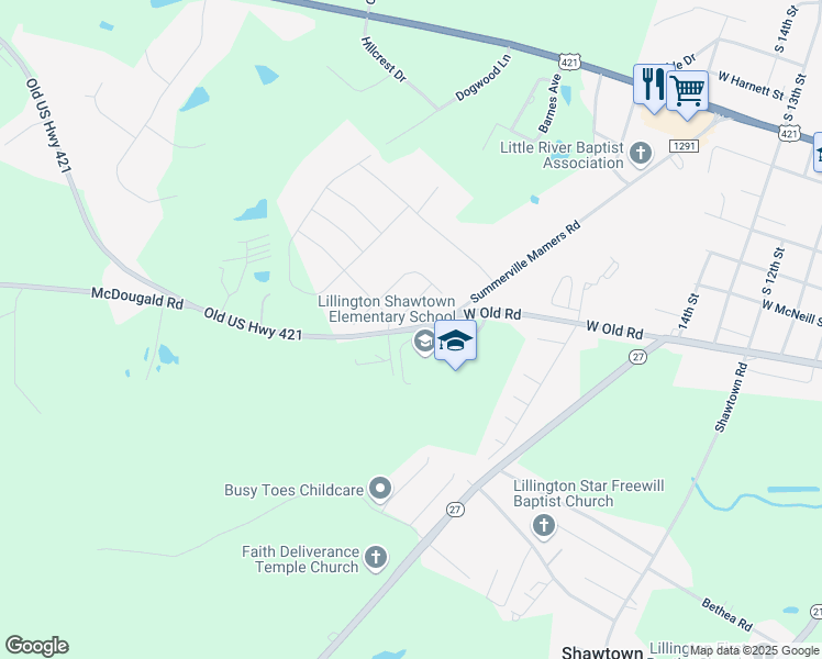 map of restaurants, bars, coffee shops, grocery stores, and more near 855 Old US Highway 421 in Lillington