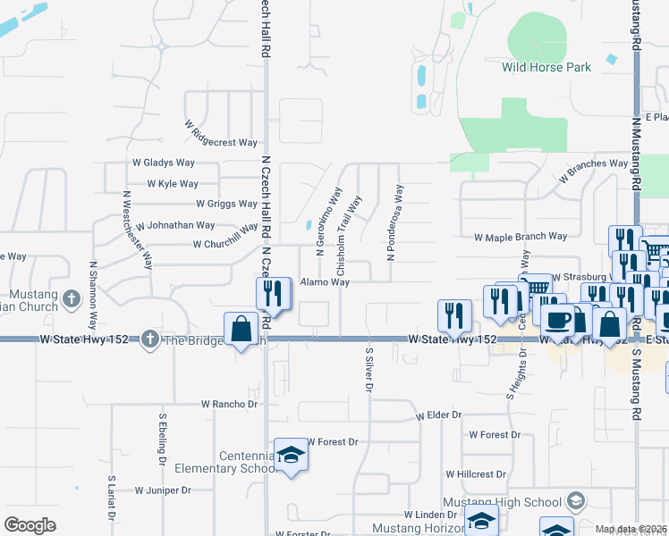 map of restaurants, bars, coffee shops, grocery stores, and more near 313 Chisholm Trail Way in Mustang