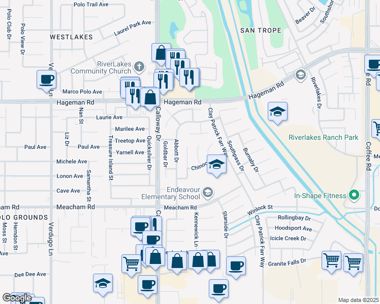 map of restaurants, bars, coffee shops, grocery stores, and more near 3804 Rainier Court in Bakersfield